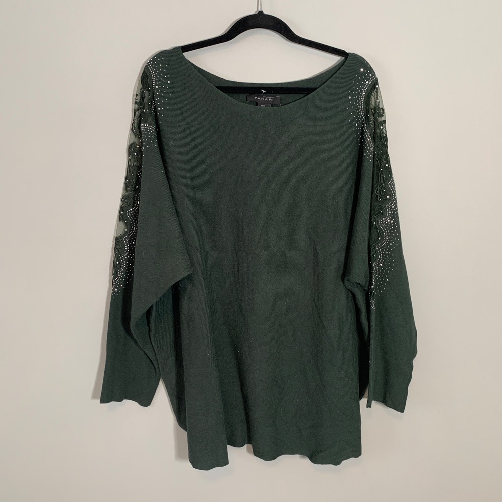 NEW Tahari Women's Green Embellished Lace Sleeve Sweater Plus Size 3X‎